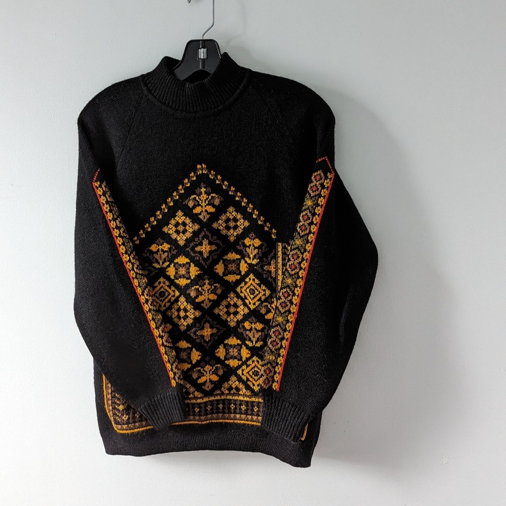 Vintage Cift Geyik Wool Black Print Mock Neck Ski Sweater Fits Small